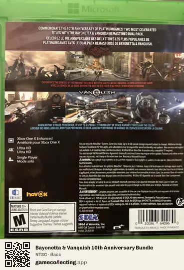 Bayonetta & Vanquish 10th Anniversary Bundle Xbox One, NTSC box back