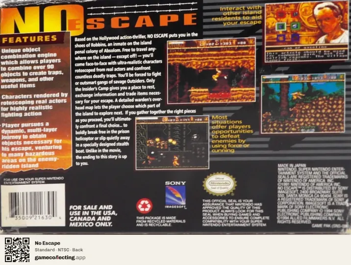 No Escape Super Nintendo Entertainment System, NTSC box back