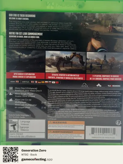 Generation Zero Xbox One, NTSC box back