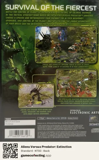 Aliens Versus Predator: Extinction PlayStation 2, NTSC box back