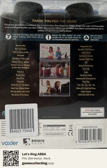 Let's Sing ABBA PlayStation 4, Germany box back