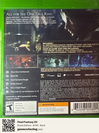 Final Fantasy XV Xbox One, NTSC box back