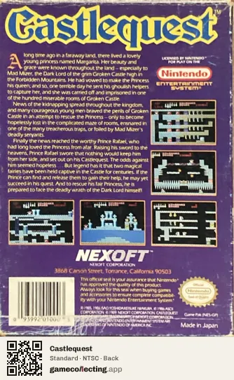 Castlequest Nintendo Entertainment System, NTSC box back
