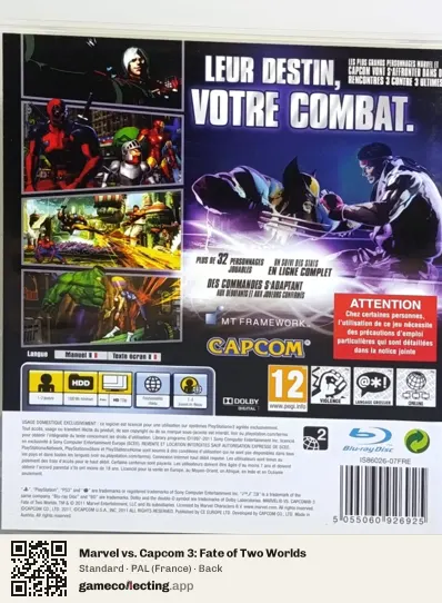 Marvel vs. Capcom 3: Fate of Two Worlds PlayStation 3, France box back