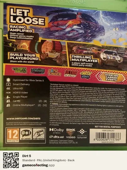 Dirt 5 Xbox One, United Kingdom box back