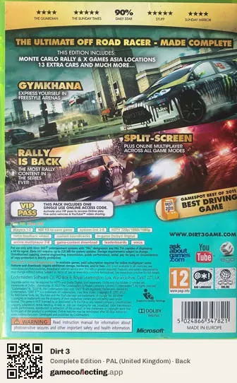 Dirt 3 Xbox 360, United Kingdom box back