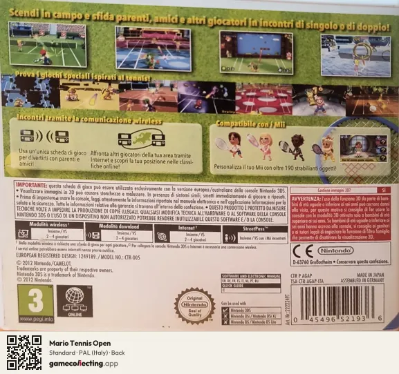 Mario Tennis Open Nintendo 3DS, Italy box back