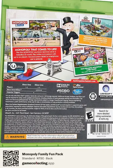 Monopoly Family Fun Pack Xbox One, NTSC box back