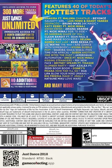 Just Dance 2018 PlayStation 4, NTSC box back