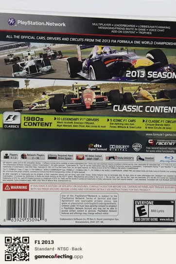 F1 2013 PlayStation 3, NTSC box back