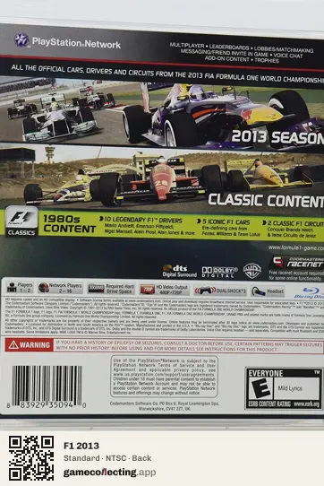 F1 2013 PlayStation 3, NTSC box back