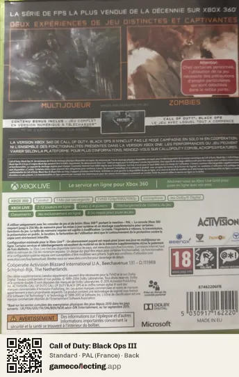 Call of Duty: Black Ops III Xbox 360, France box back