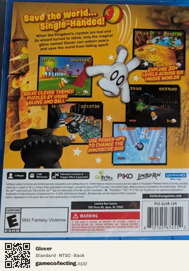 Glover PlayStation 5, NTSC box back