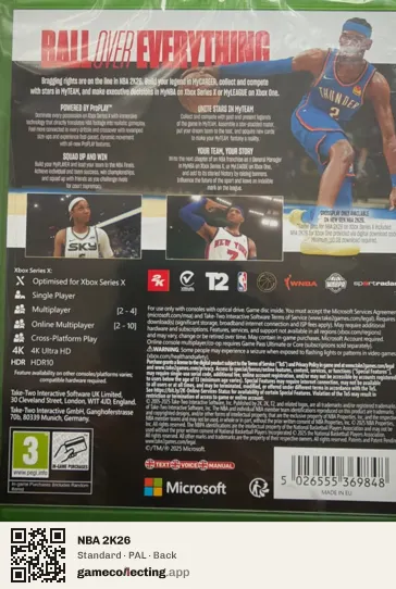 NBA 2K26 Xbox Series X, PAL box back