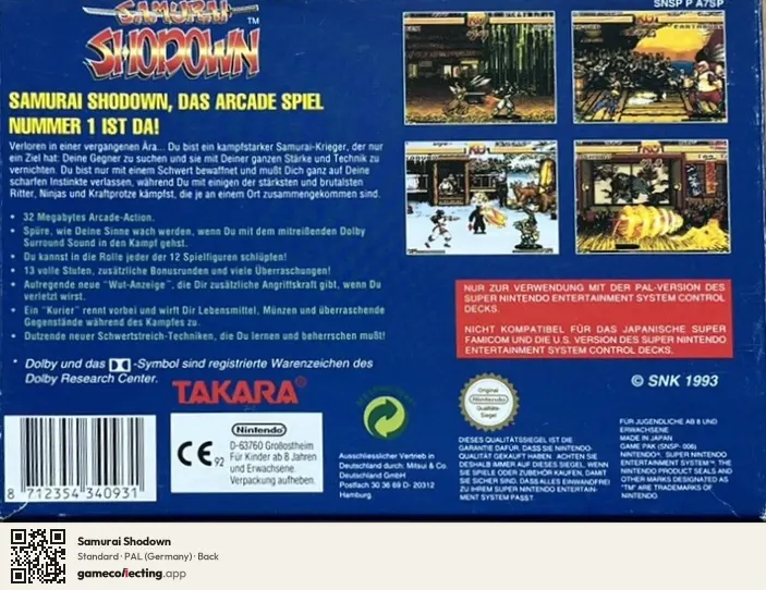 Samurai Shodown Super Nintendo Entertainment System, Germany box back