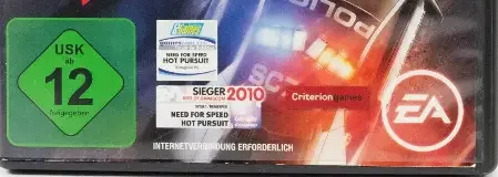 Need for Speed: Hot Pursuit, the USK square on its front