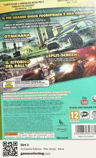 Dirt 3 Xbox 360, Italy box back