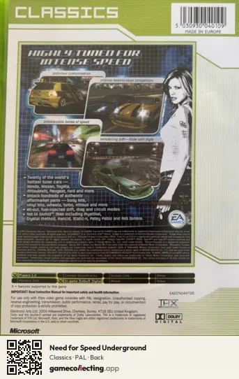 Need for Speed Underground Xbox, PAL box back