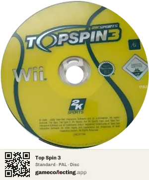 Top Spin 3 Nintendo Wii, PAL disc