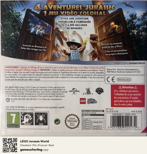LEGO Jurassic World Nintendo 3DS, France box back