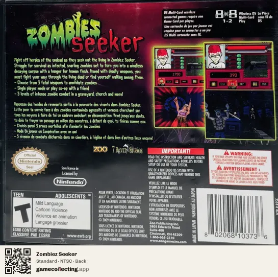 Zombiez Seeker Nintendo DS, NTSC box back