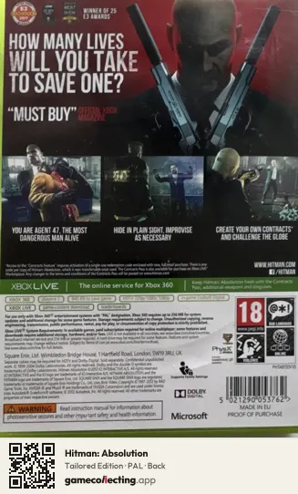 Hitman: Absolution Xbox 360, PAL box back