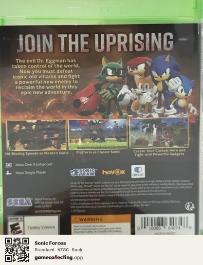 Sonic Forces Xbox One, NTSC box back
