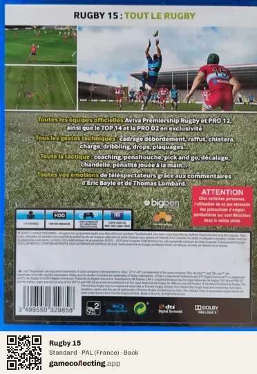Rugby 15 PlayStation 4, France box back