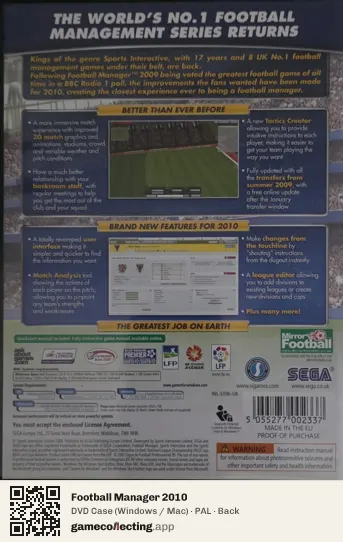 Football Manager 2010 Computer, PAL box back