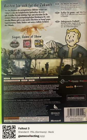 Fallout 3 Xbox 360, Germany box back
