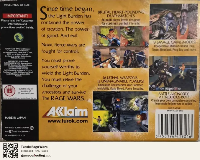 Turok: Rage Wars Nintendo 64, PAL box back