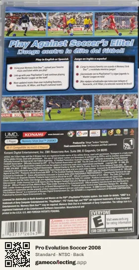 Pro Evolution Soccer 2008 PlayStation Portable, NTSC box back