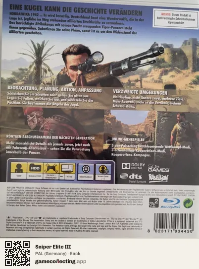 Sniper Elite III PlayStation 3, Germany box back