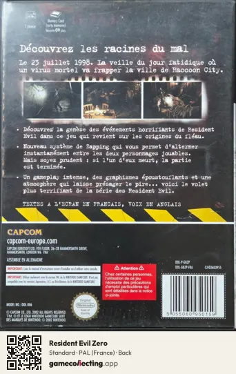 Resident Evil Zero Nintendo GameCube, France box back