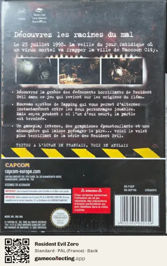 Resident Evil Zero Nintendo GameCube, France box back