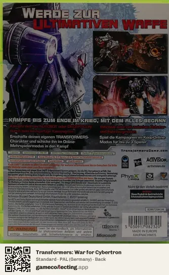 Transformers: War for Cybertron Xbox 360, Germany box back