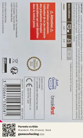 Parents vs Kids Nintendo Switch, France box back