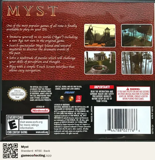 Myst Nintendo DS, NTSC box back
