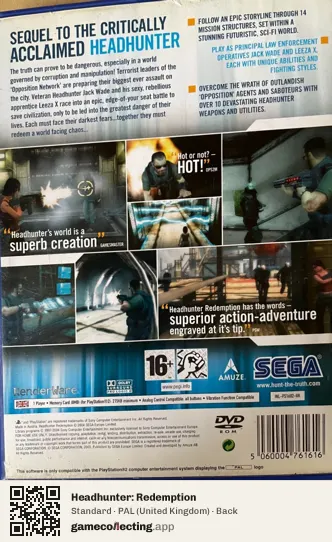 Headhunter: Redemption PlayStation 2, United Kingdom box back