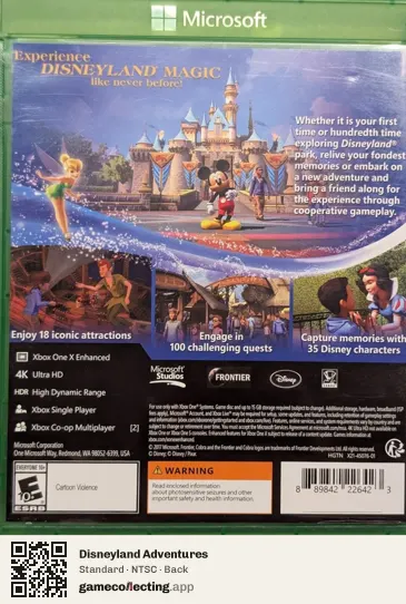 Disneyland Adventures Xbox One, NTSC box back