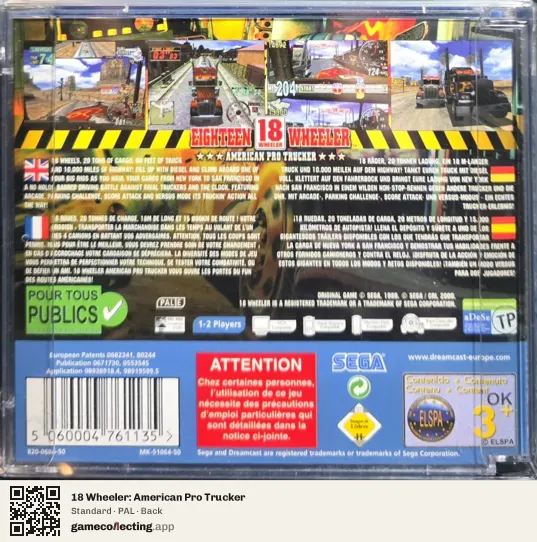 18 Wheeler: American Pro Trucker Sega Dreamcast, PAL box back