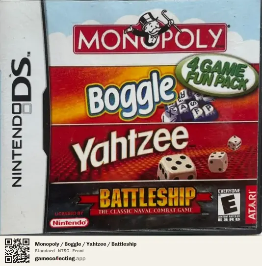 Monopoly / Boggle / Yahtzee / Battleship Nintendo DS, NTSC box front