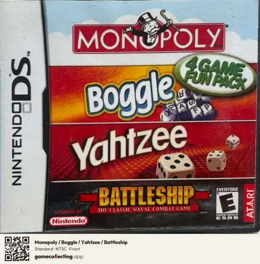 Monopoly / Boggle / Yahtzee / Battleship Nintendo DS, NTSC box front