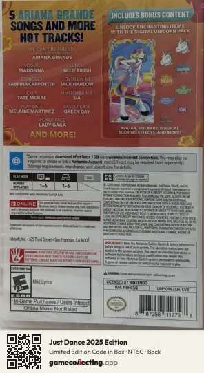 Just Dance 2025 Edition Nintendo Switch, NTSC box back