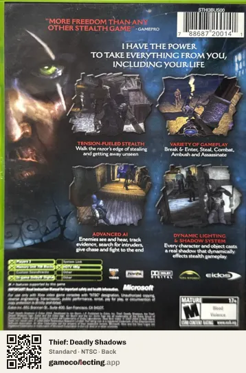 Thief: Deadly Shadows Xbox, NTSC box back