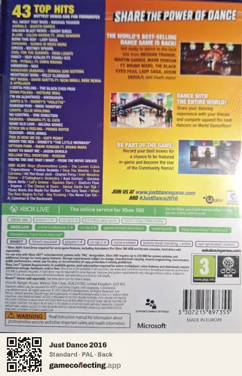 Just Dance 2016 Xbox 360, PAL box back