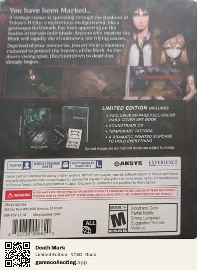 Death Mark PlayStation Vita, NTSC box back