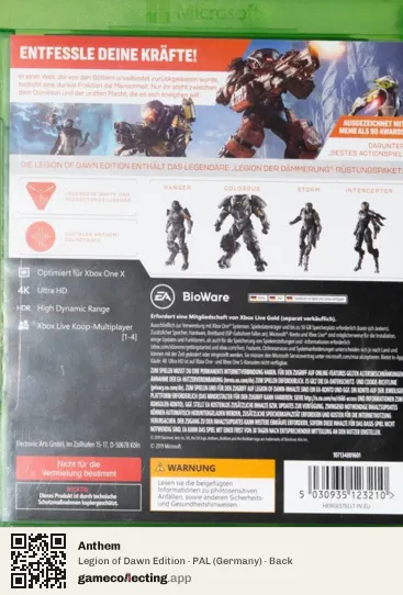 Anthem Xbox One, Germany box back