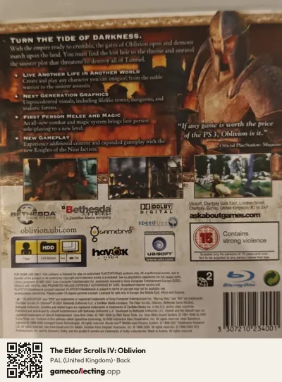 The Elder Scrolls IV: Oblivion PlayStation 3, United Kingdom box back