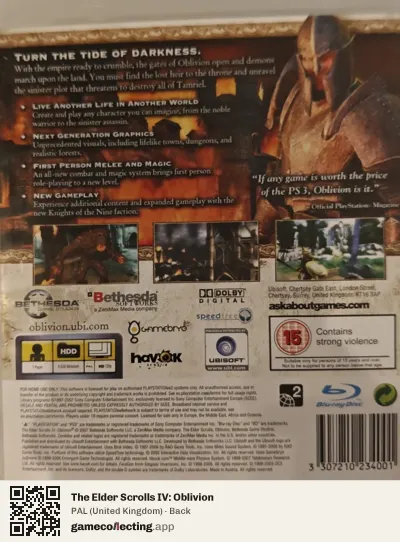 The Elder Scrolls IV: Oblivion PlayStation 3, United Kingdom box back